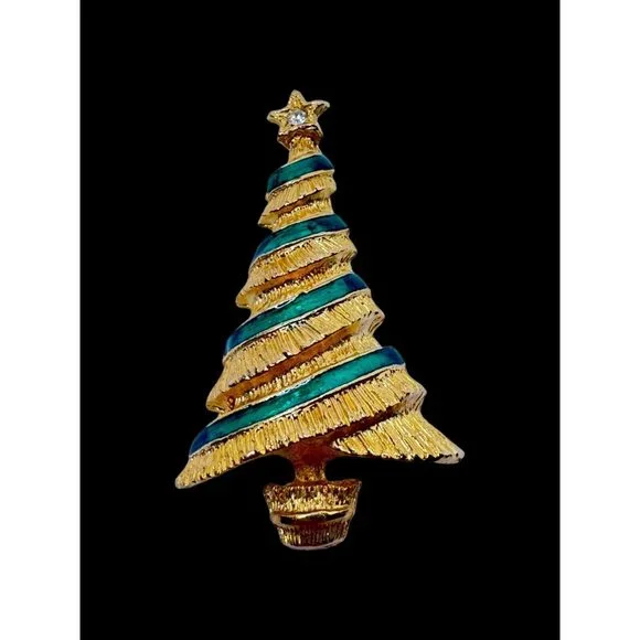Christmas Tree Brooch Pin Vintage Jewelry Gold-Colored Green Stripes Ribbon Star - Picture 2 of 5